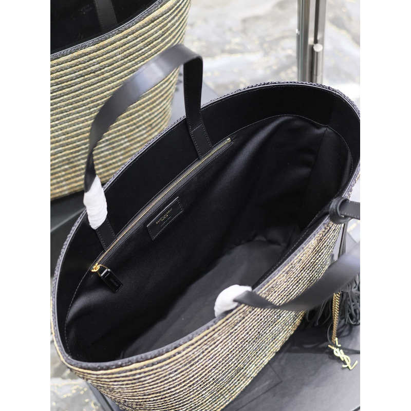 Saint Laurent Shopping Bag Tote Raffia And Leather Beige&Black