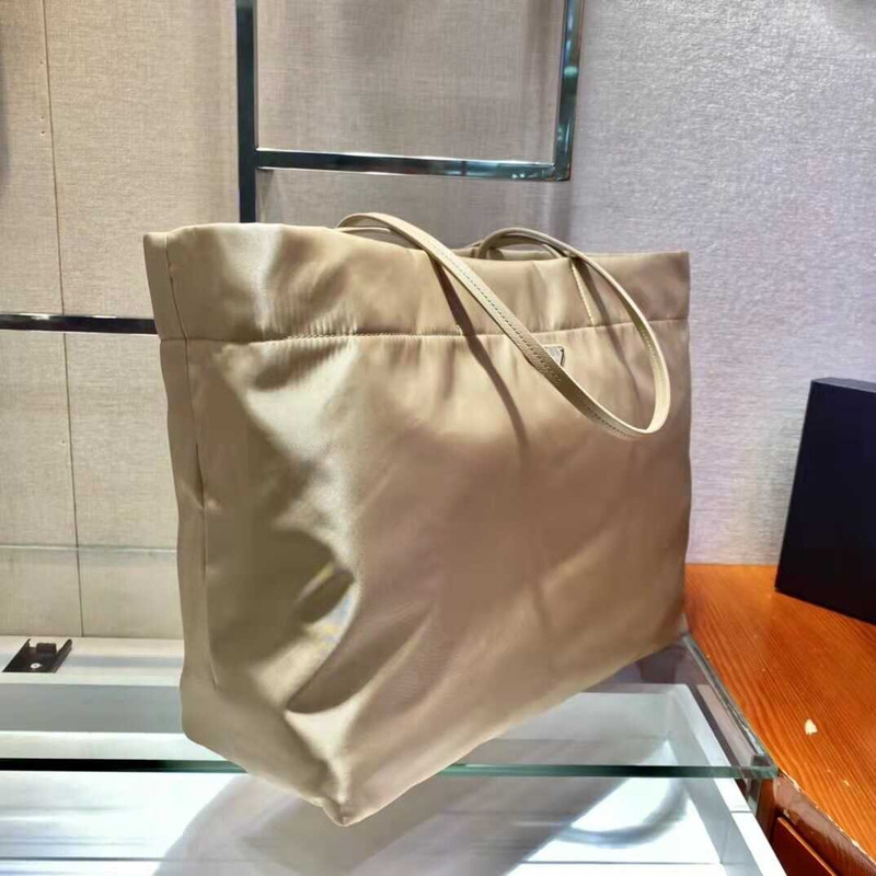 Pra*a re-nylon and saffiano leather tote bag desert beige