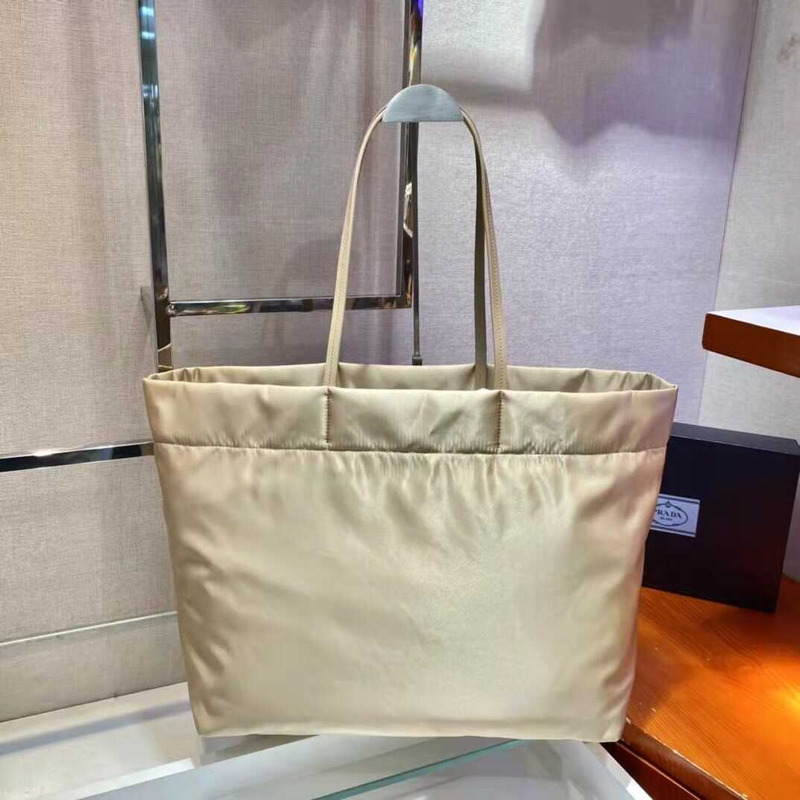 Pra*a re-nylon and saffiano leather tote bag desert beige