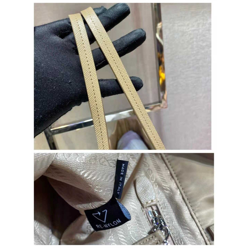 Pra*a re-nylon and saffiano leather tote bag desert beige