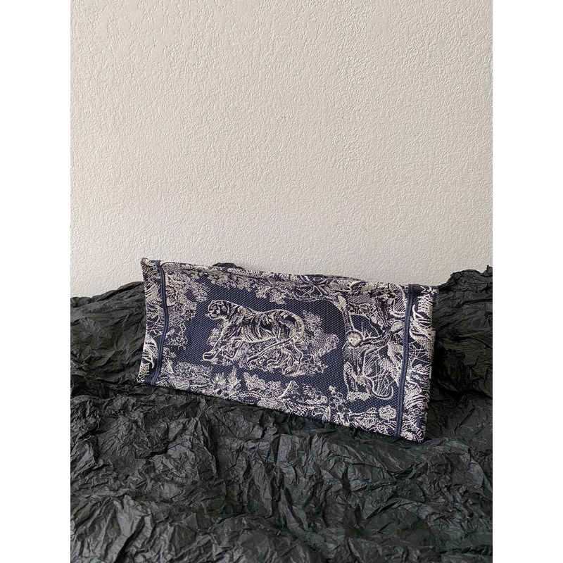 D*or medium book tote ecru toile de jouy reverse embroidery blue