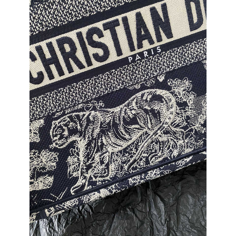 D*or medium book tote ecru toile de jouy reverse embroidery blue