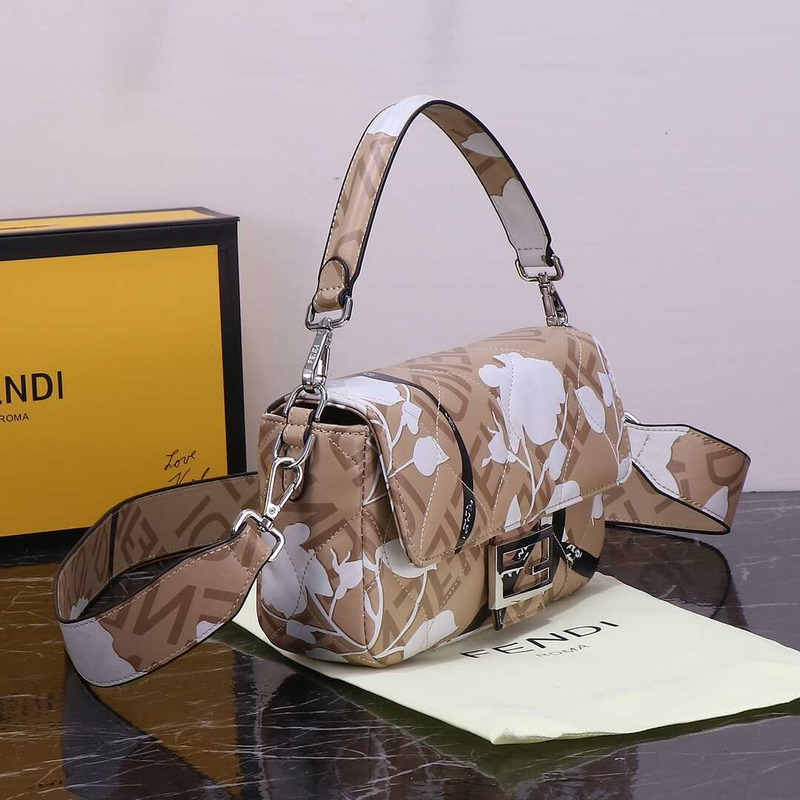 F**di baguette mini bag denim with ff embroidery beige&white