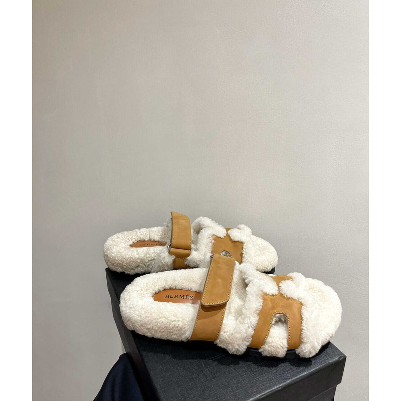 H**mes sandals with fur brown and white