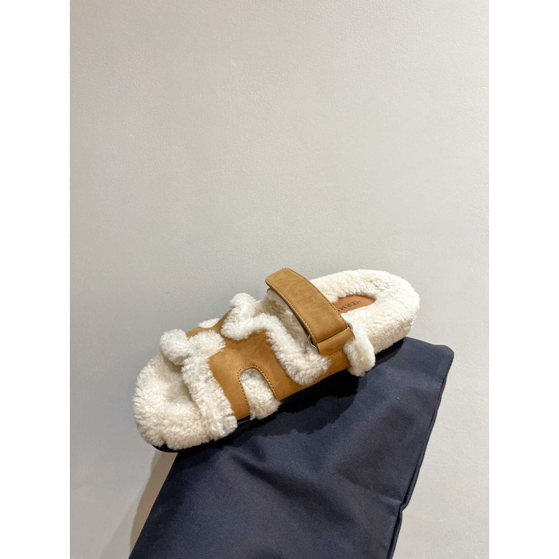 H**mes sandals with fur brown and white