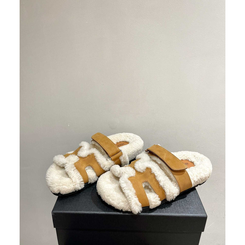 H**mes sandals with fur brown and white