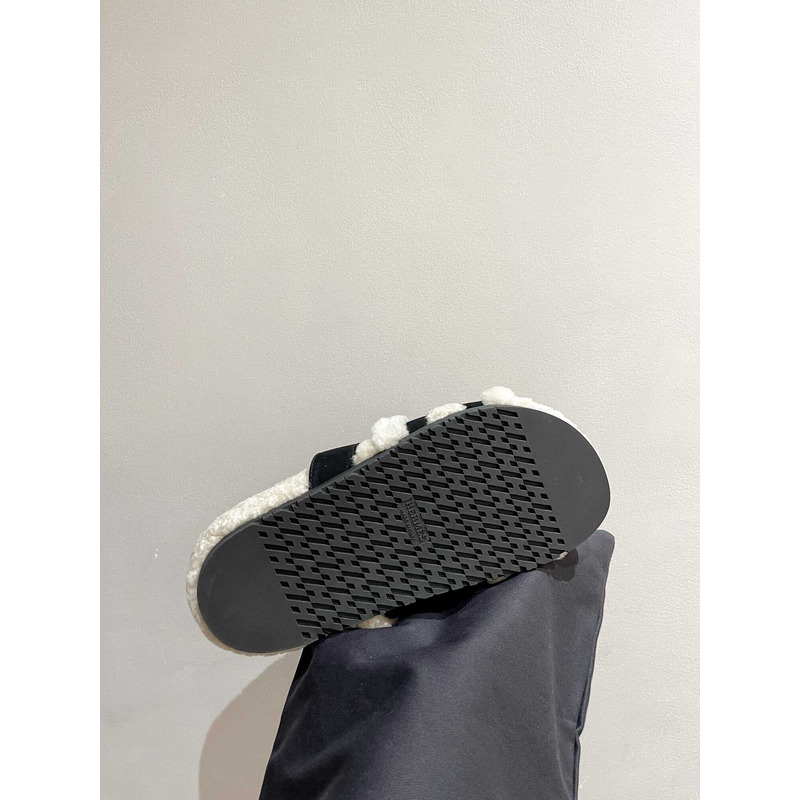 H**mes sandals with fur black and white