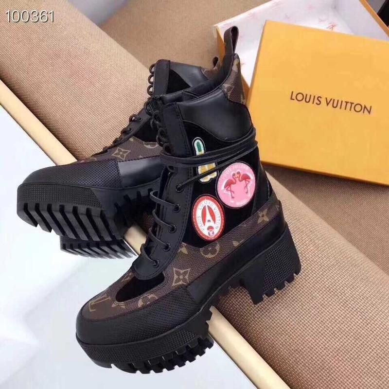 l**is V*t*n monogram canvas & suede patch work mid-calf combat boots