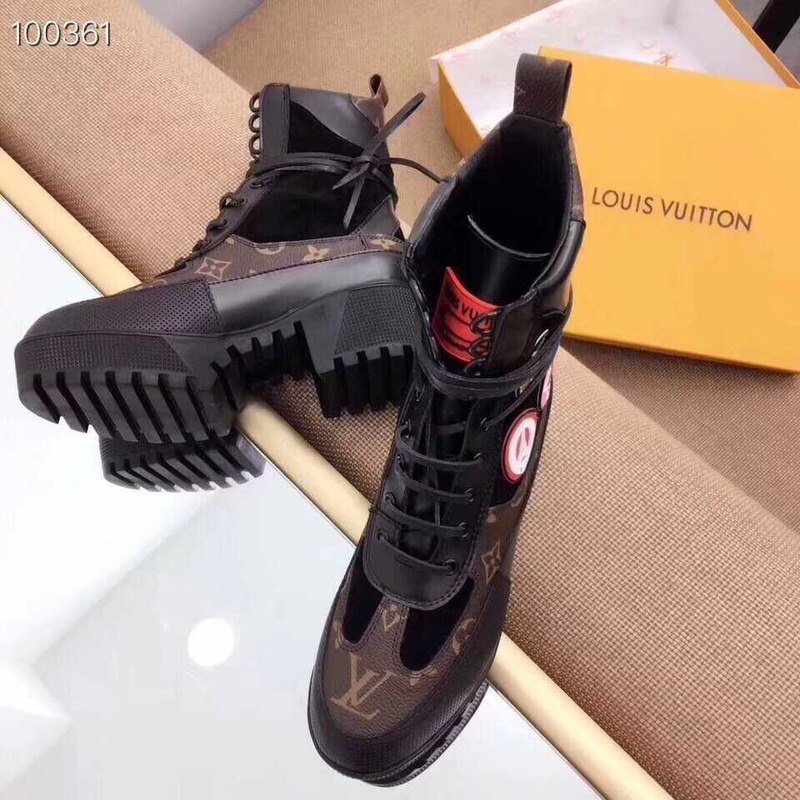 l**is V*t*n monogram canvas & suede patch work mid-calf combat boots