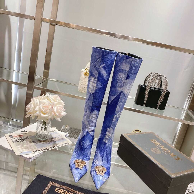 F**di fendace denim patchwork boots blue