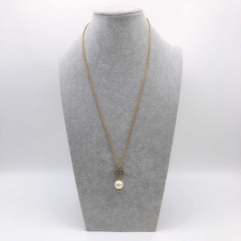 G*u*i crystal interlocking g pearl necklace gold