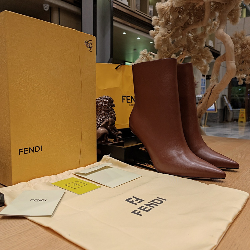 F**di lambskin metallic f-heel ankle booties brown