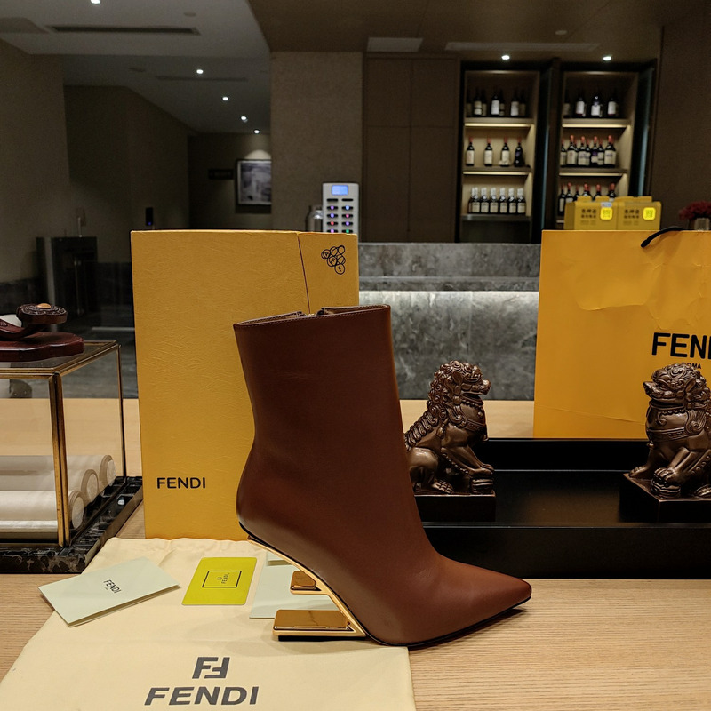 F**di lambskin metallic f-heel ankle booties brown