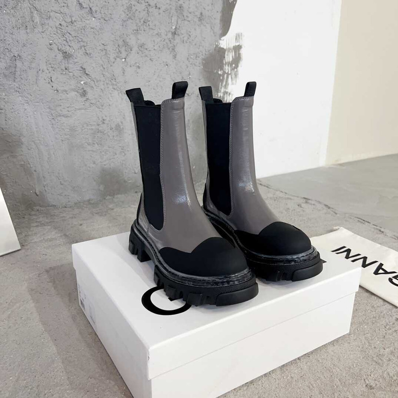Ganni Mid Chelsea Leather Boots Grey And Balck