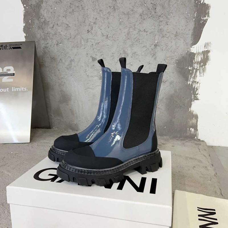 Ganni Cleated Mid Chelsea Boots Blue And Black