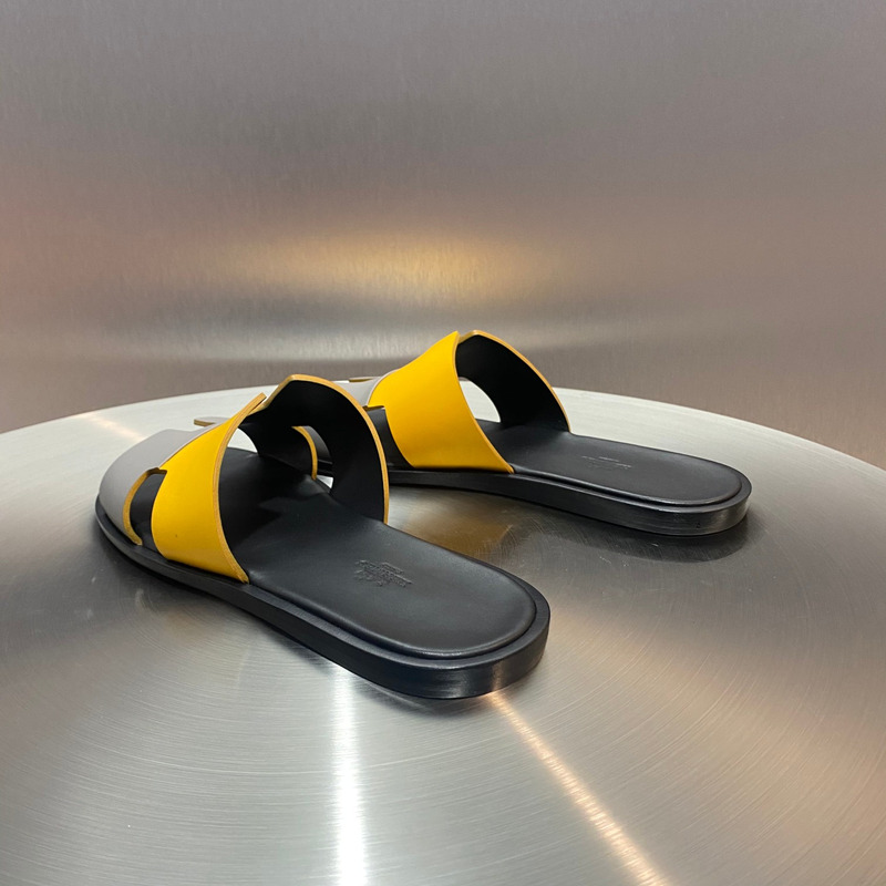 H**mes yellow grey leather street style sandals