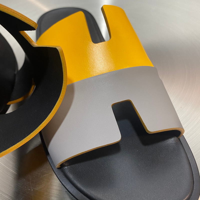 H**mes yellow grey leather street style sandals