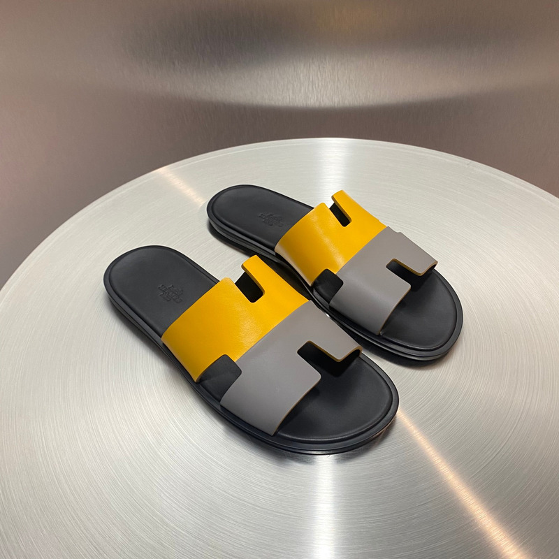 H**mes yellow grey leather street style sandals
