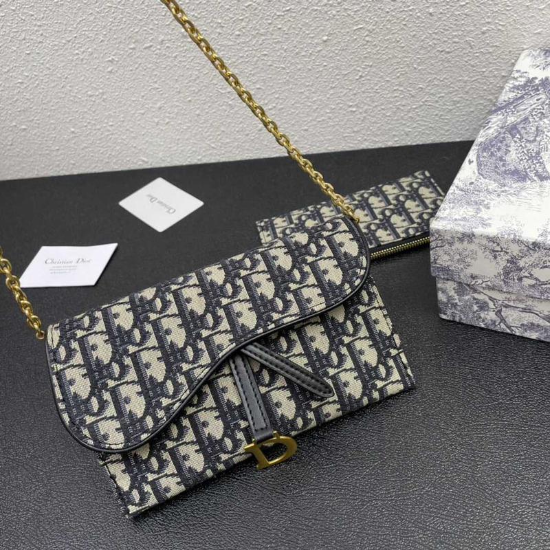 D*or long waddle wallet with chain blue D*or oblique jacquard