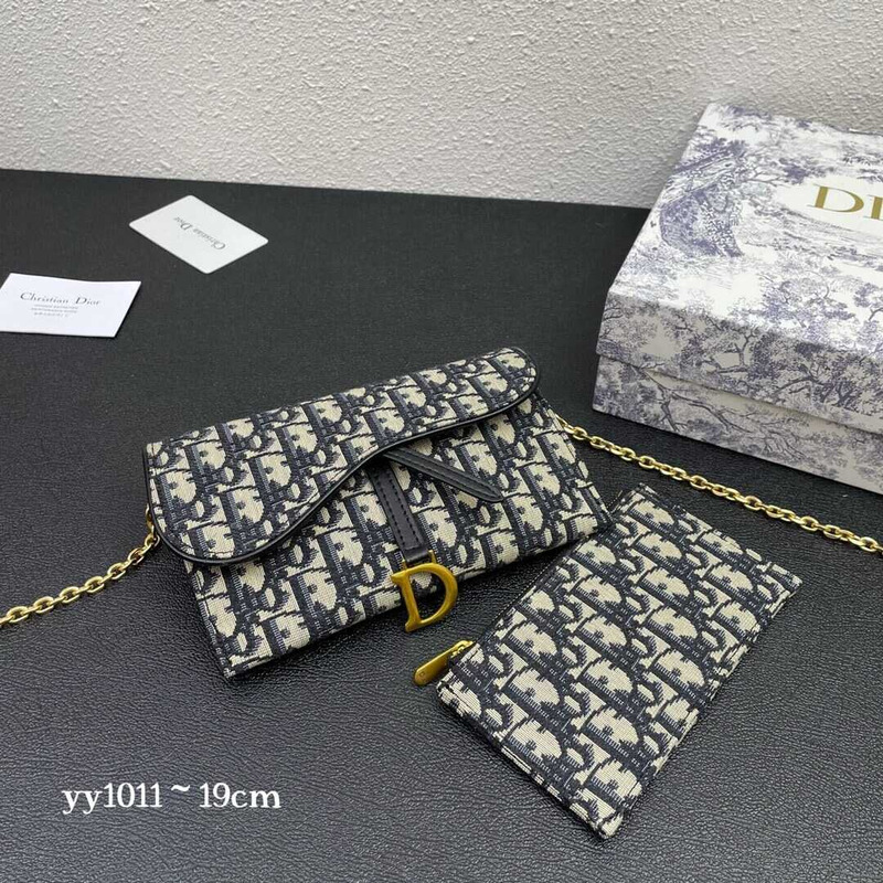 D*or long waddle wallet with chain blue D*or oblique jacquard