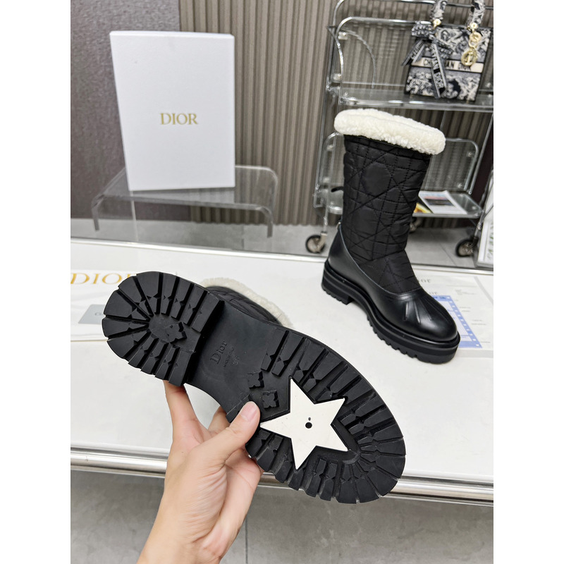 D*or frozen-d ankle cannage quilted nylon boot black calfskin and white shearling