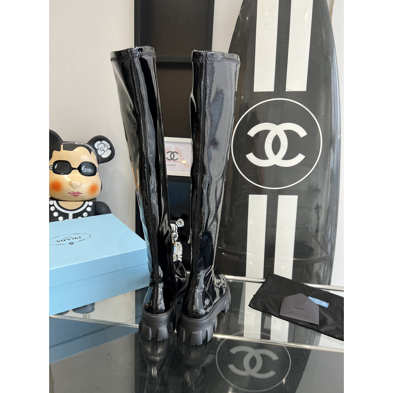 Pra*a women monolith pointy technical patent leather boots black