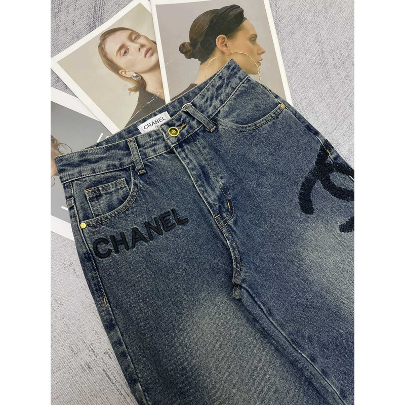 Ch*el cotton embroidered logo jeans darkblue