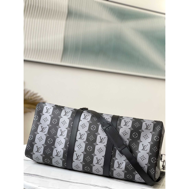 l**is V*t*n keepall bandoulière 50 embossed taurillon monogram cowhide leather bag black and white