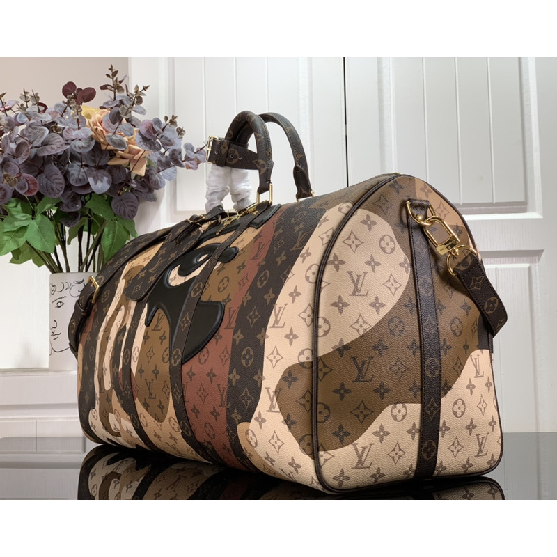 l**is V*t*n keepall bandoulière 55 woven letter-coated canvas and leather luggage bag multicolor