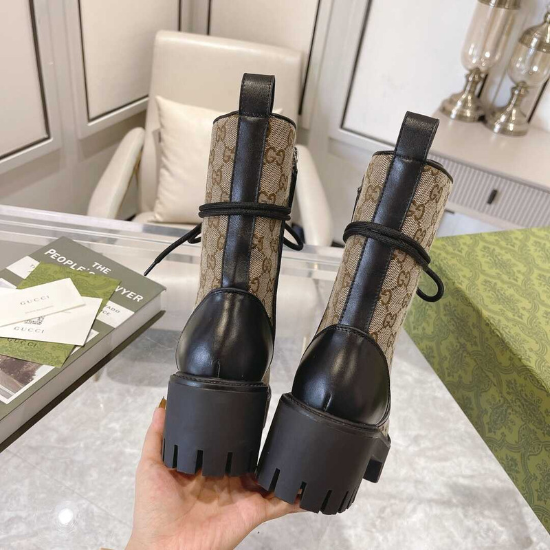 G*u*i gg quilted lace-up ankle boots canvas & leather black