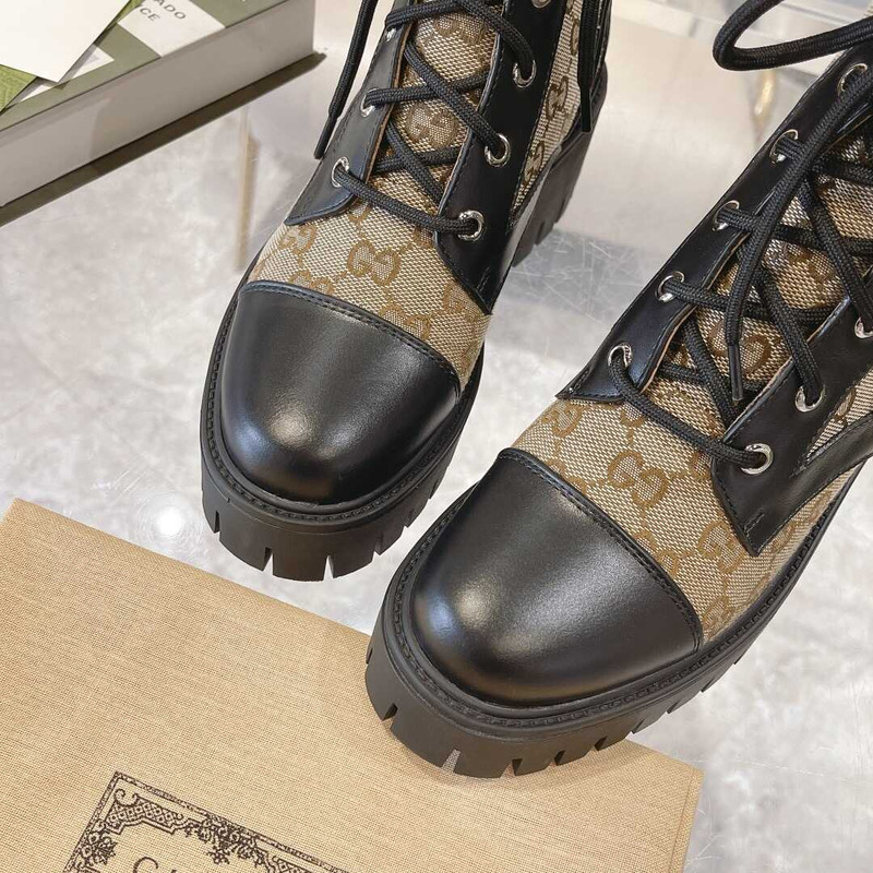 G*u*i gg quilted lace-up ankle boots canvas & leather black