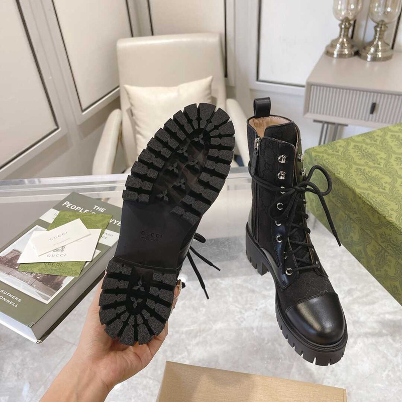 G*u*i gg quilted lace-up ankle boots canvas and leather black