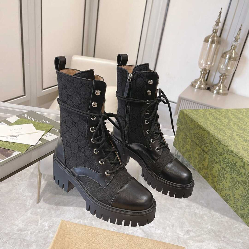 G*u*i gg quilted lace-up ankle boots canvas and leather black