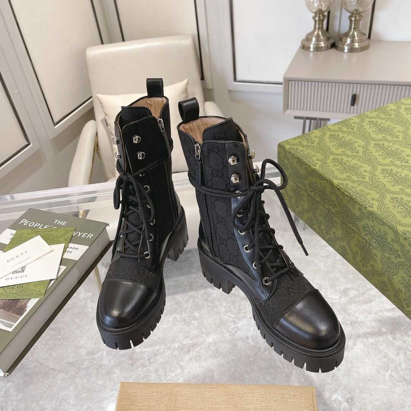 G*u*i gg quilted lace-up ankle boots canvas and leather black