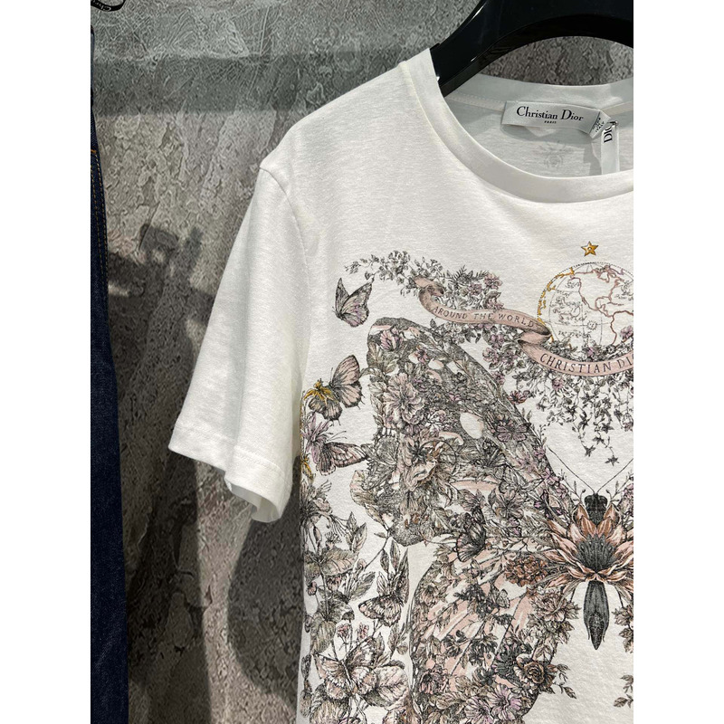 D*or t-shirt white cotton and linen jersey with pastel pink butterfly around the world motif