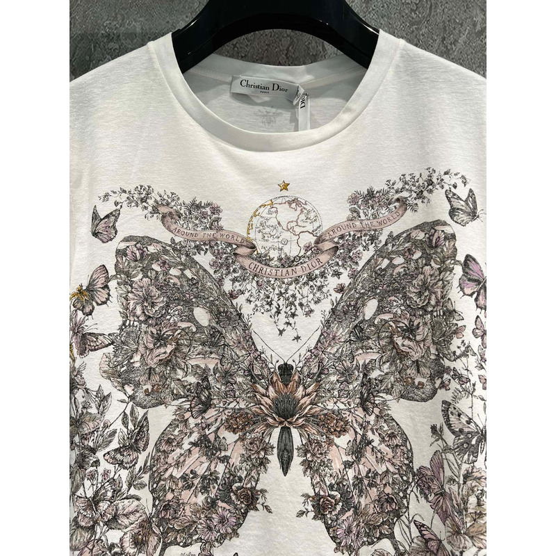 D*or t-shirt white cotton and linen jersey with pastel pink butterfly around the world motif