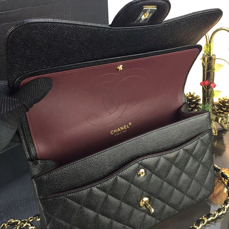 Ch*el classic double flap quilted caviar gold-tone jumbo black