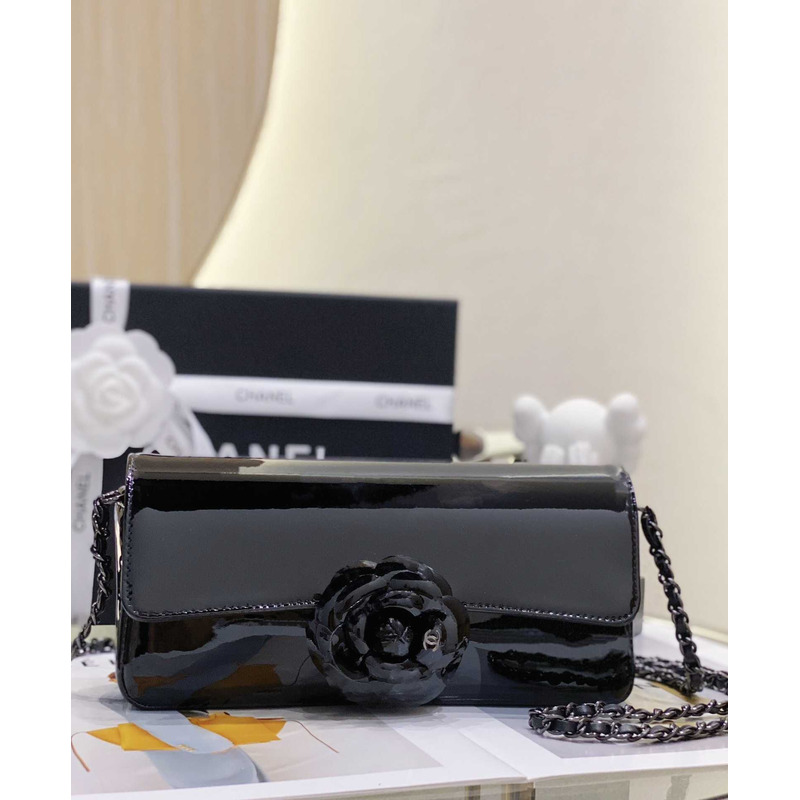 Ch*el small flap bag patent calfskin and black-tone metal coral black