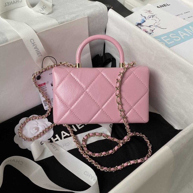 Ch*el mini box bag shiny calfskin & gold-tone metal pink