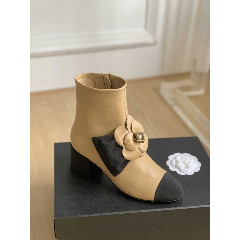 Ch*el short boots suede kidskin & grosgrain brown