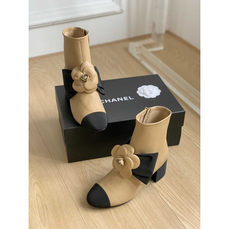 Ch*el short boots suede kidskin & grosgrain brown