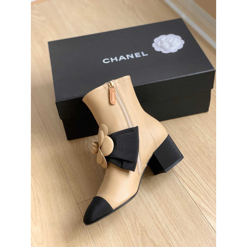 Ch*el short boots suede kidskin & grosgrain brown