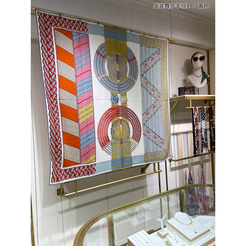 H**mes dressage tressage shawl 140 rose / vert amande / naturel