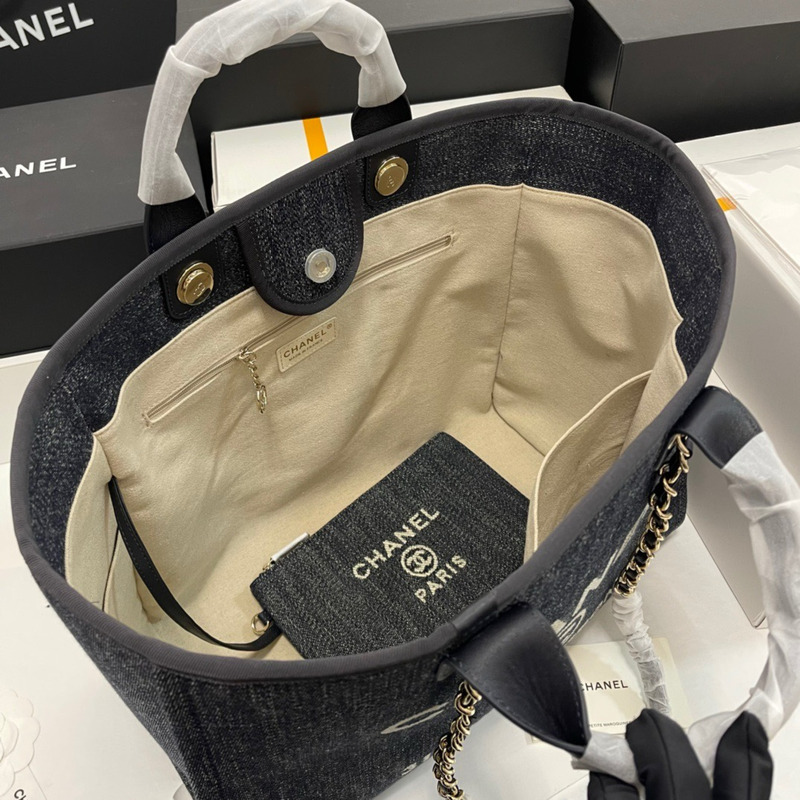 Ch*el small shopping bag mixed fibers calfskin & gold-tone metal grey