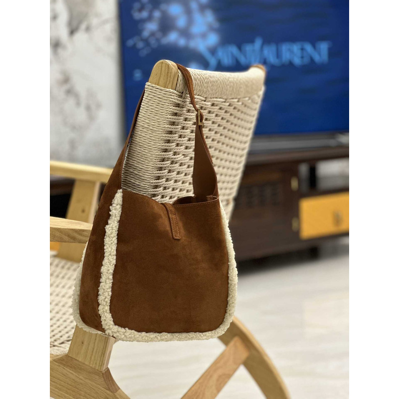 saint laurent le 5 À 7 S*pple small in suede and shearling dark cigar and natural beige