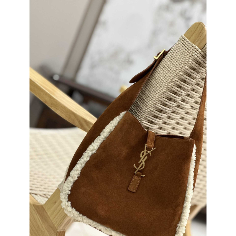 saint laurent le 5 À 7 S*pple small in suede and shearling dark cigar and natural beige