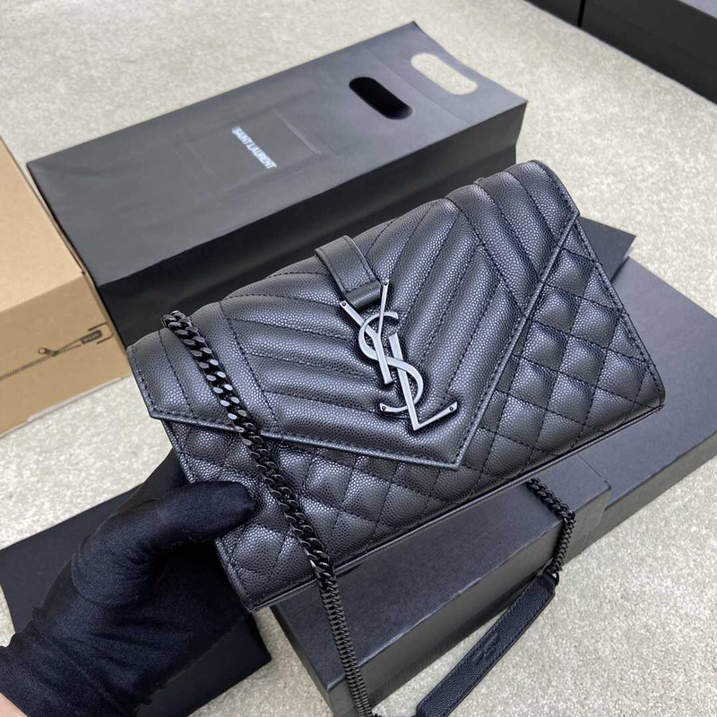 Saint Laurent Envelope Small In Quilted Grain De Pouder Embossed Leather Flap Black