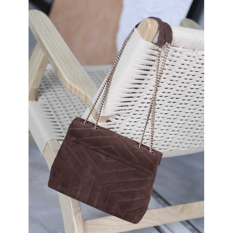 Saint Laurent Small Loulou Quiled Suede Handbag Dark Brown