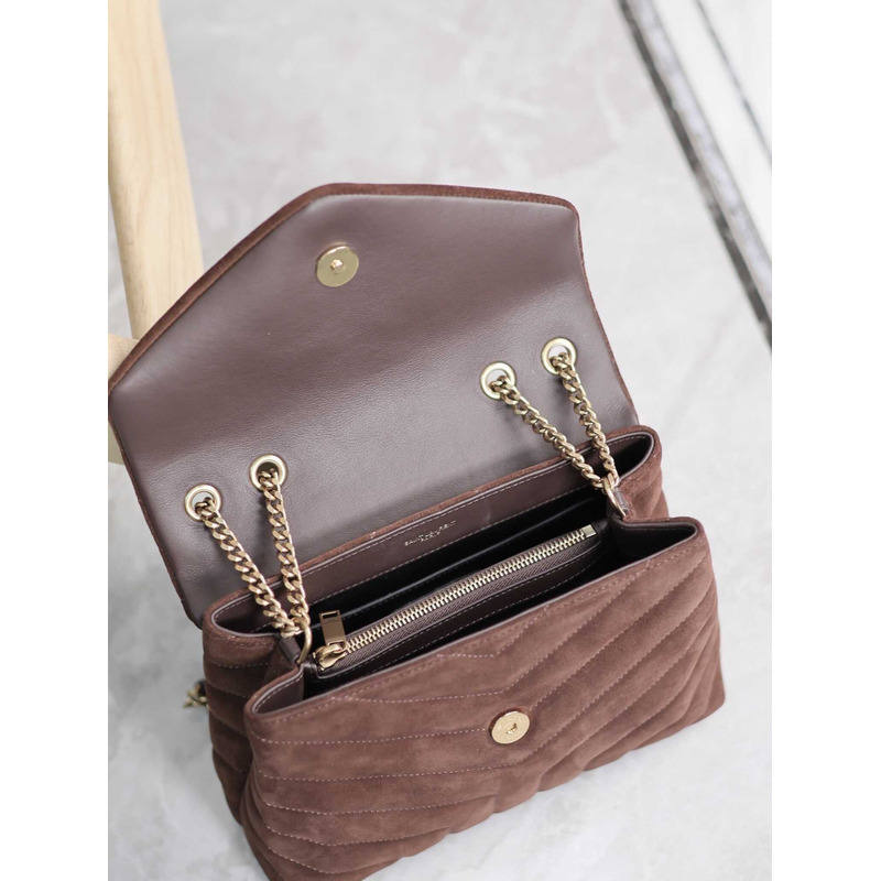 Saint Laurent Small Loulou Quiled Suede Handbag Dark Brown