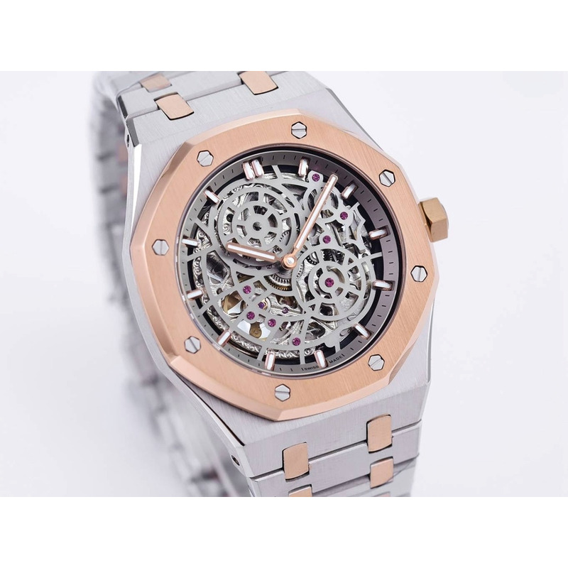 Audemars Piguet Royal Oak Openworked Steel Mens Watch Gold Dial